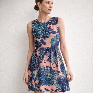 Peruvian Connection Beige Blue Floral Print Silk Sleeveless Dress Sz 12